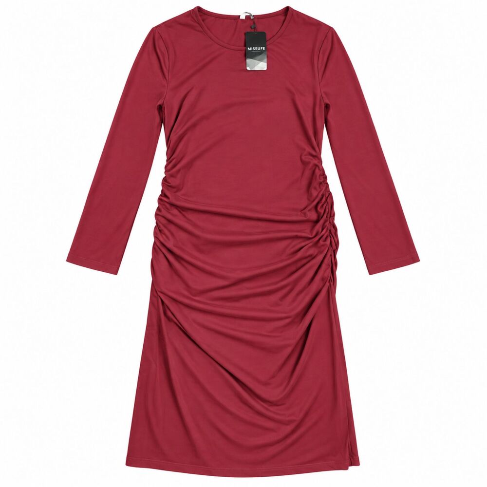 Missufe Women’s XXL Burgundy Long Sleeve Ruched Side Midi Dress Stretch NWT